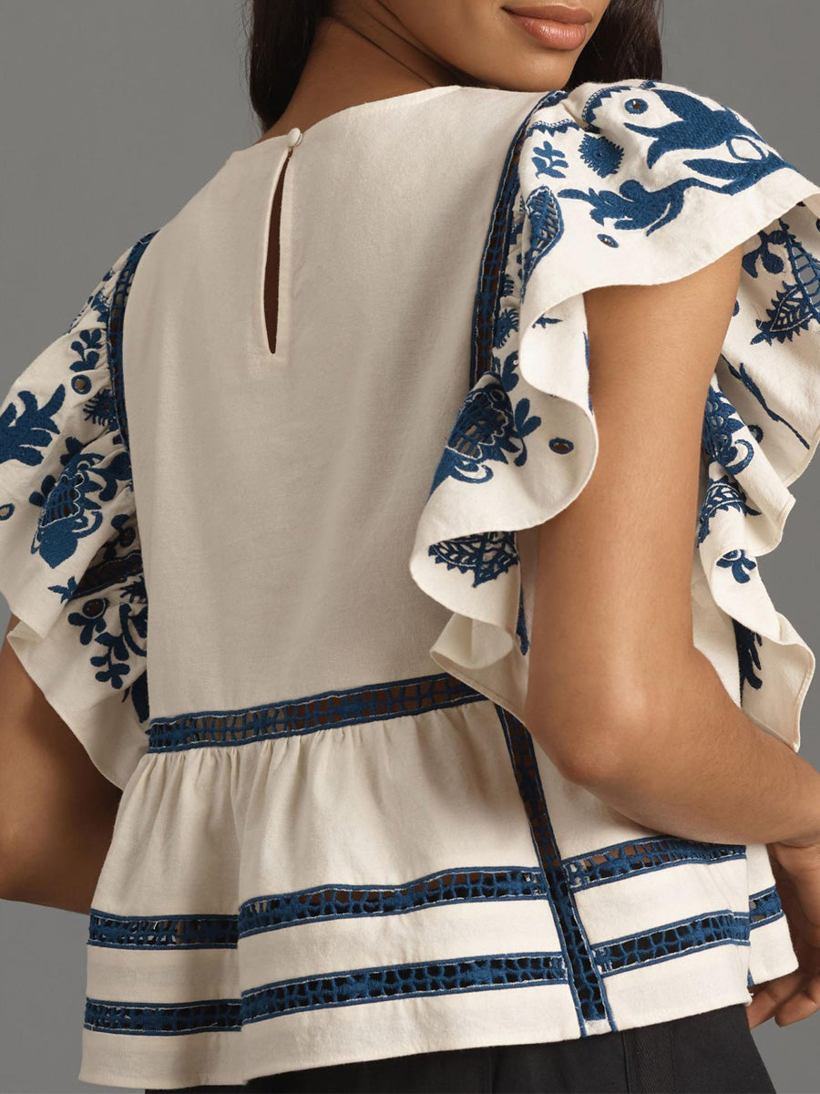 Flutter-Sleeve Embroidered Babydoll Blouse
