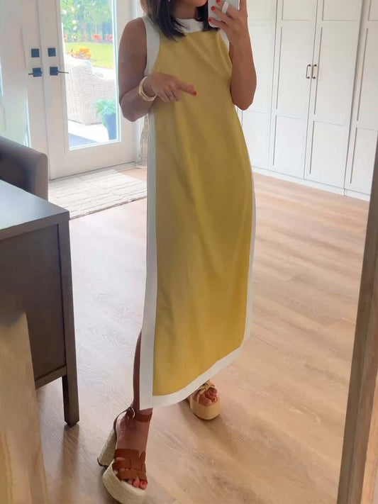 Fashion Color Block High Split Knitted Two Pieces Set