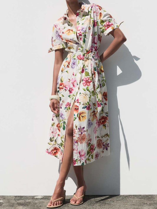 Floral Print Short Sleeve Belted Dress