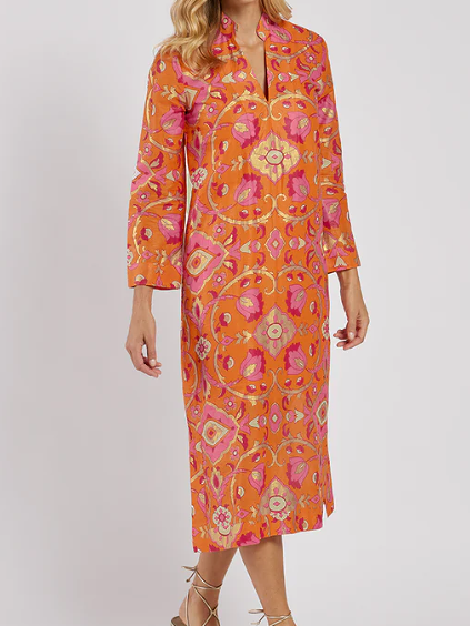 The Hot Orange Printed Midi Dress