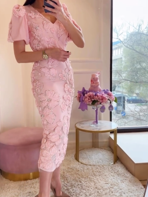 V Neck Embroidered Flowers Bodycon Midi Dress