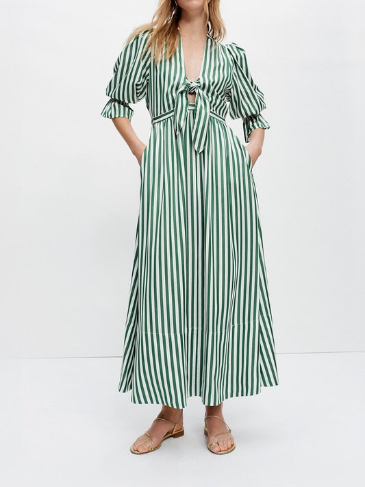 Green And White Stripe Midi Dress