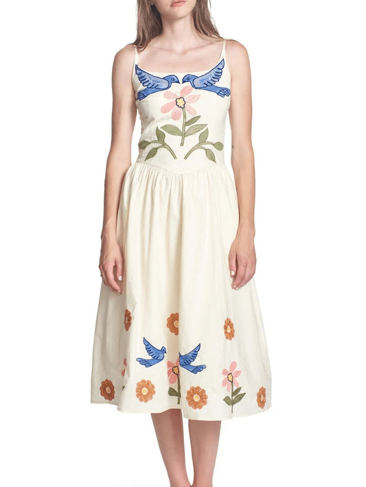 Birds Embroidery Maxi Dress