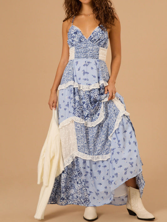 Dusty Blue Color Floral Maxi Dress
