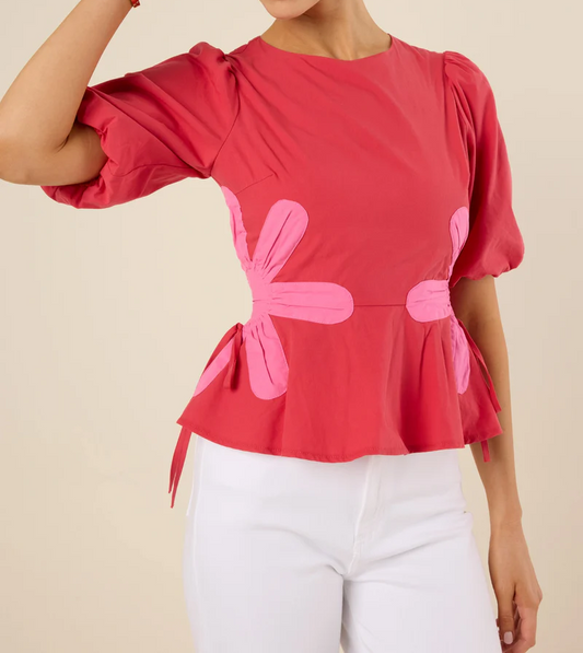 Bubble Sleeve Printed Waist Cinching Top