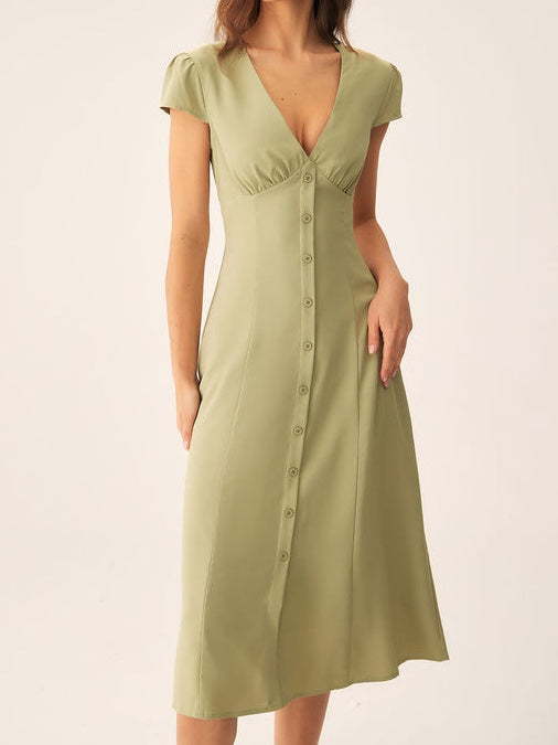 Green V-Neck Button Midi Dress
