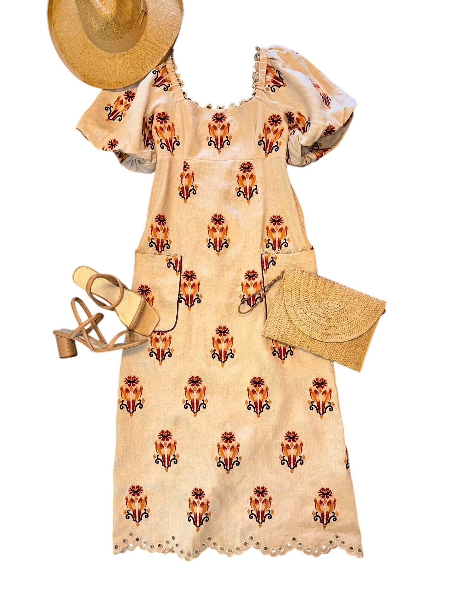 Puff-Sleeve Linen Embroidered Macaw Midi Dress