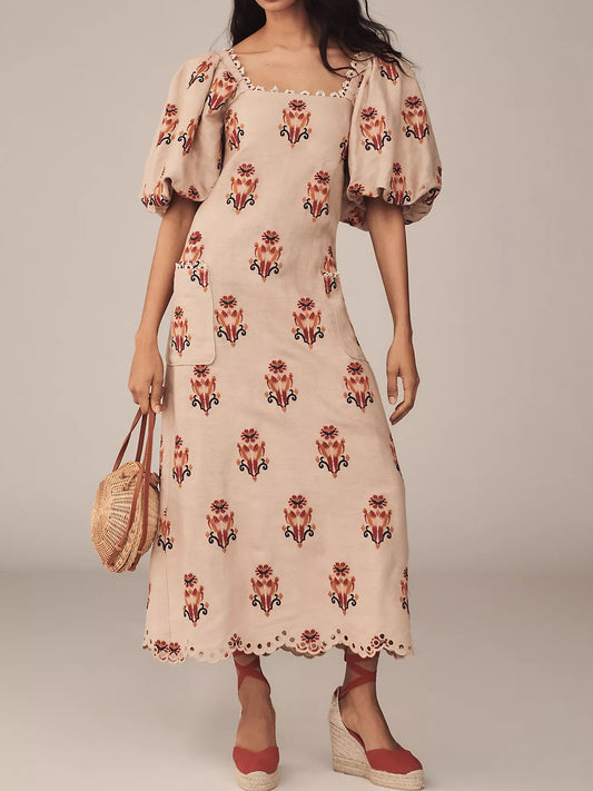 Puff-Sleeve Linen Embroidered Macaw Midi Dress