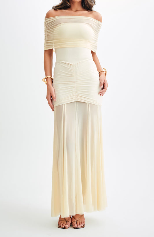 Ivory Slinky And Mesh Off Shoulder Maxi Dress