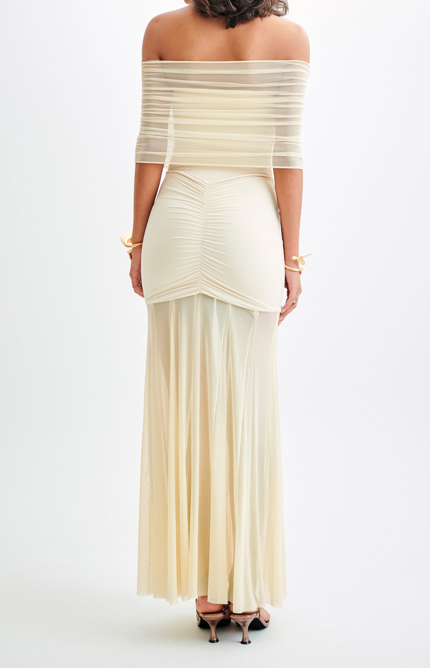 Ivory Slinky And Mesh Off Shoulder Maxi Dress