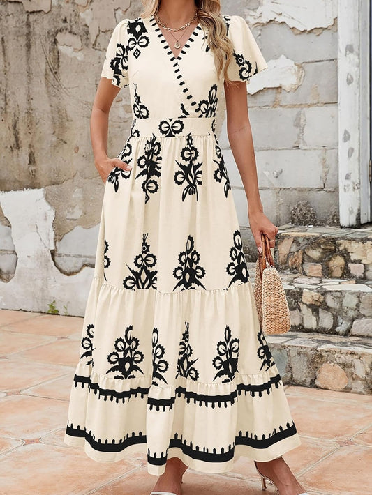 Womens 2025 Summer Casual V Neck Boho Maxi Dress