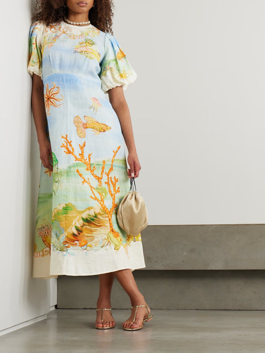 Gathered Printed Linen-gauze Midi Dress