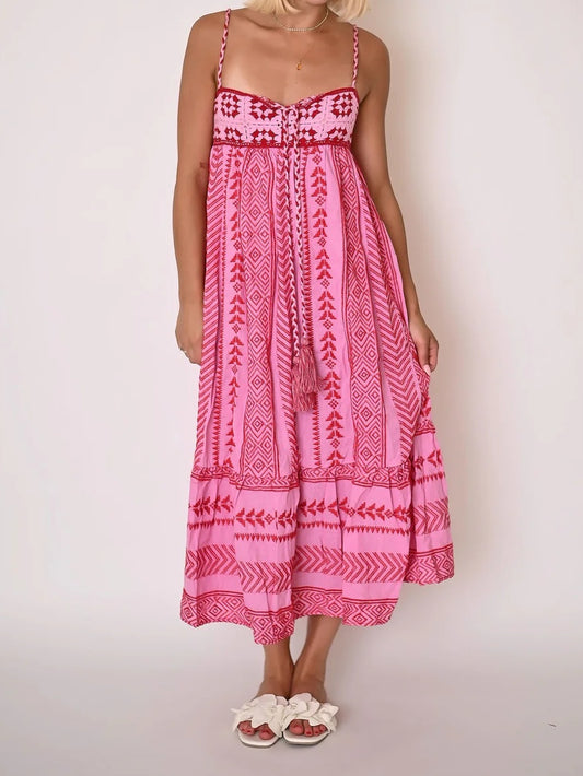 Printed Sleeveless Spaghetti With Boho Dress
