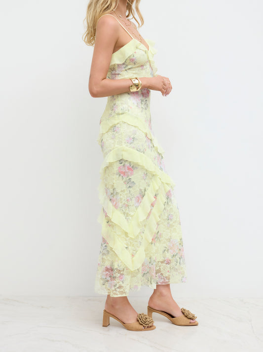Lace V-neck Floral Ruffle Maxi Dress