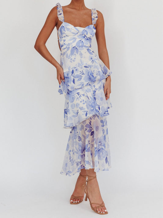 Flowers Blush Strappy Back Ruffle Maxi Dress