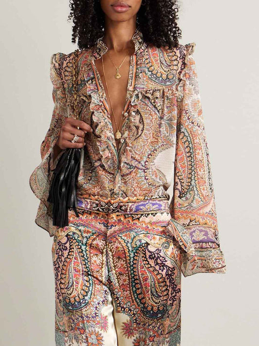 Exquisite Vintage Paisley Print Ruffled Shirt And Wide-leg Pants