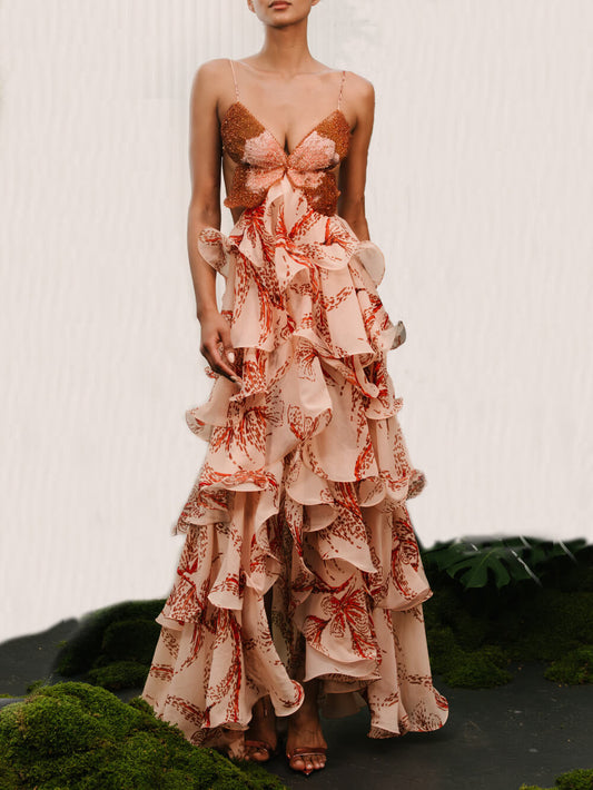Tiered Sunset Butterfly Print Holder Back Maxi Dress