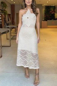 Crochet Knit Oversized Flower Design Halter Texture Maxi Dress