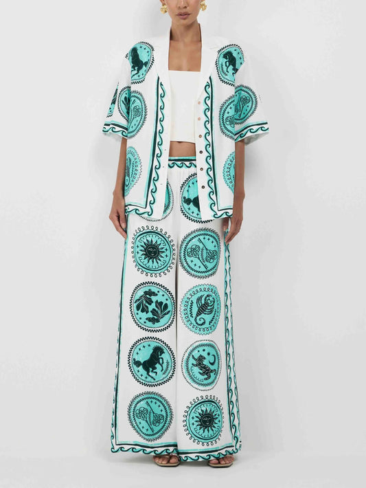 Unique Pattern Printed Short-sleeved Lace-up Shirt And Elastic Waist Wide-leg Pants