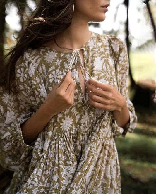 Collar Boho Puff Sleeve Loose Midi Beach Dress