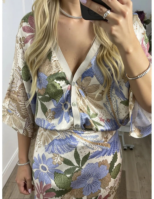 Exquisite Satin Floral Print Off-shoulder Shirt And Fishtail Skirt