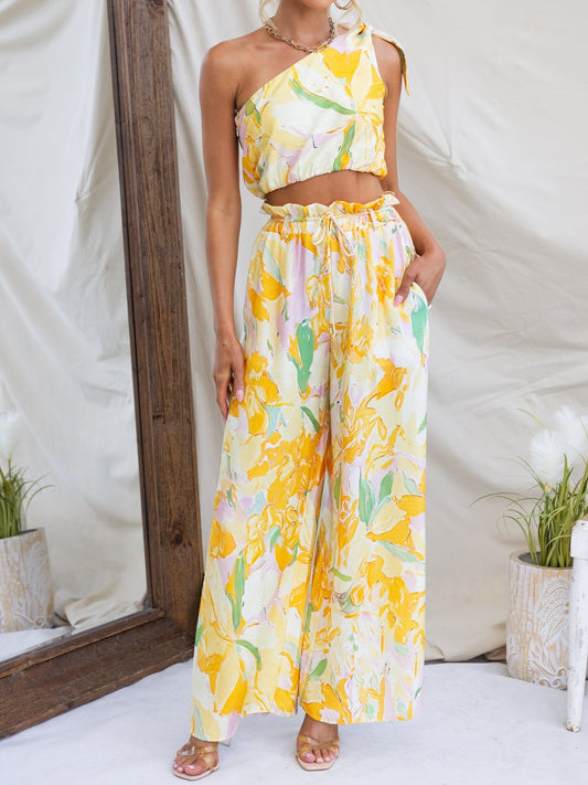 Floral Print One Shoulder Tie-up Crop Top And Elastic Waist Pocket Loose Pants Set