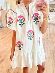 Cream Floral Bubble Sleeve Dress