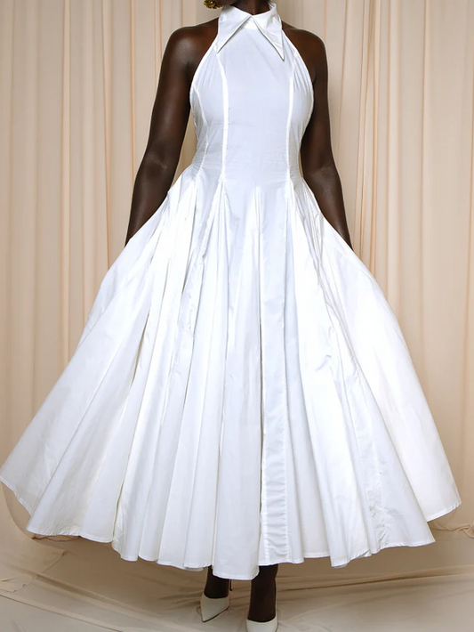 DENIM BACKLESS MIDI DRESS IN WHITE