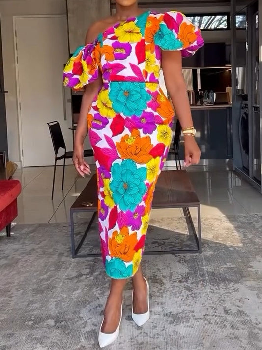 Colorful Flower Bubble Sleeve Midi Dress
