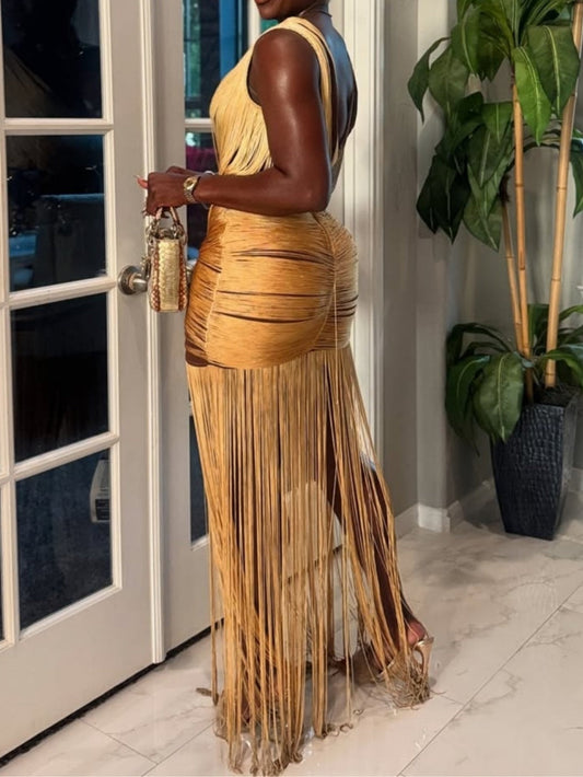 Gold Fringe Drape Maxi Dress