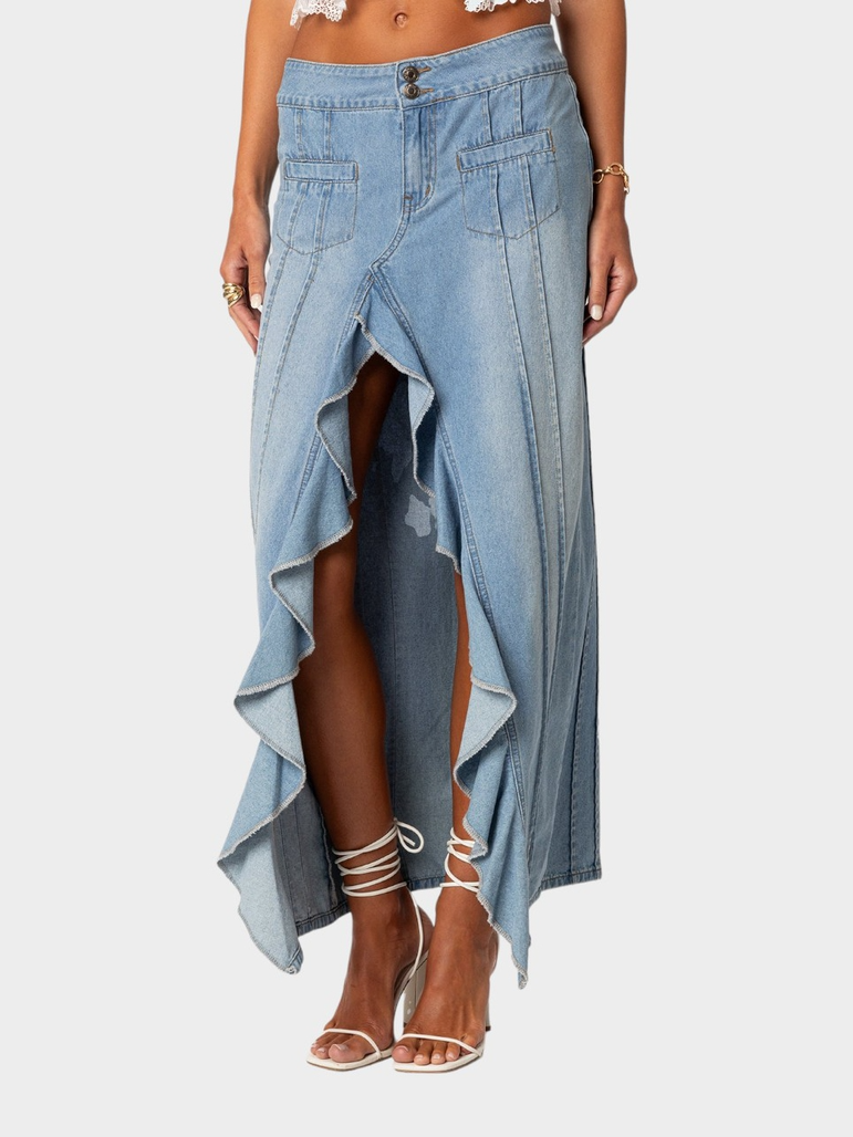 Denim Ruffled High Split Skirt