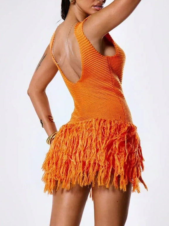 Crochet Knit Sleeveless Tassel Hem Mini Beach Dress In Orange