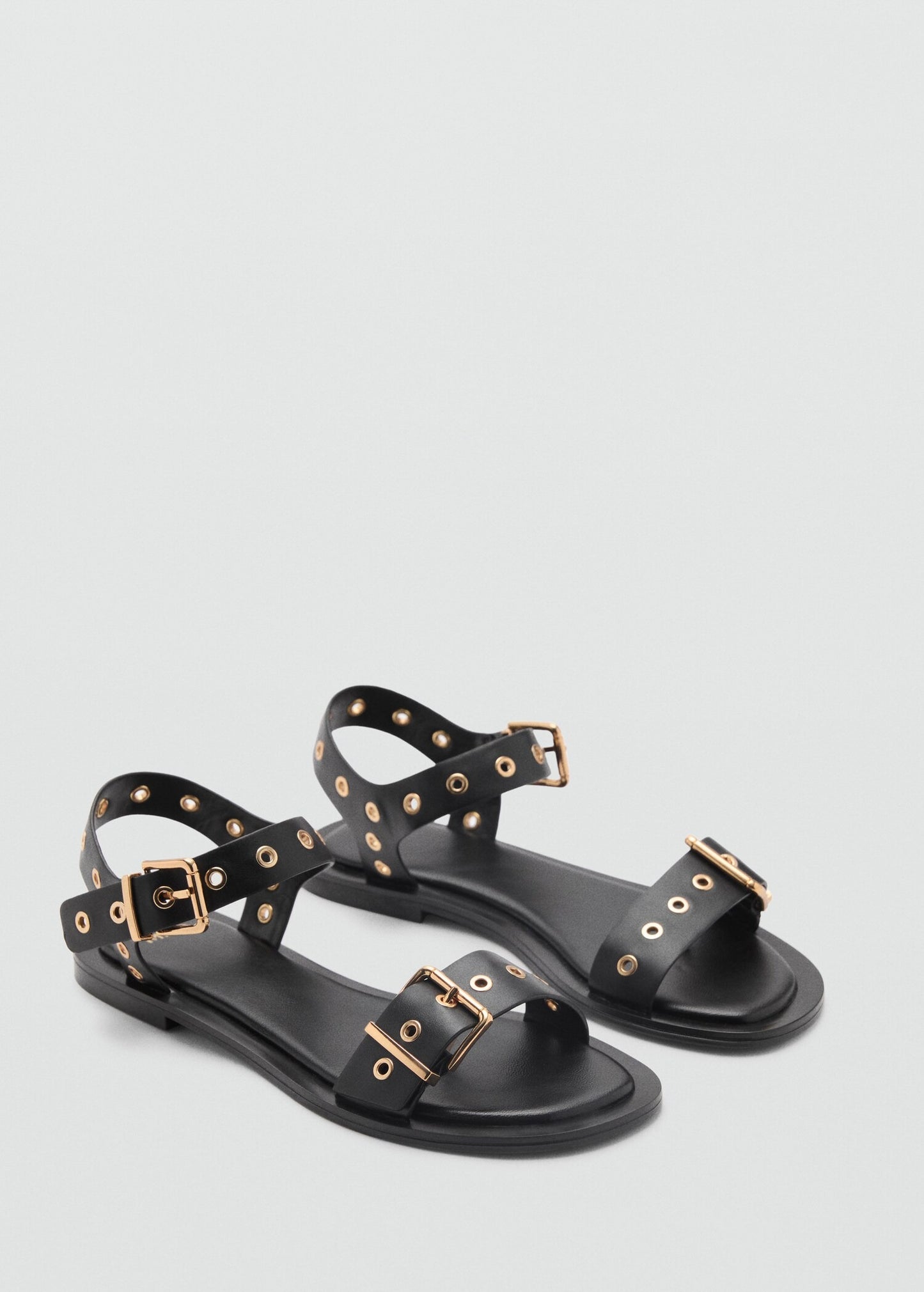 Perforated-Eye Metal-Buckle Flat Sandals
