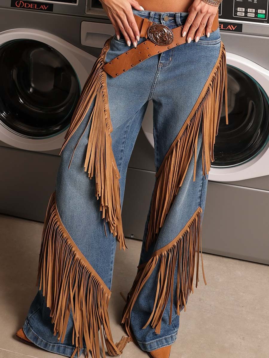 Western Fringe Wide Leg Denim Jeans