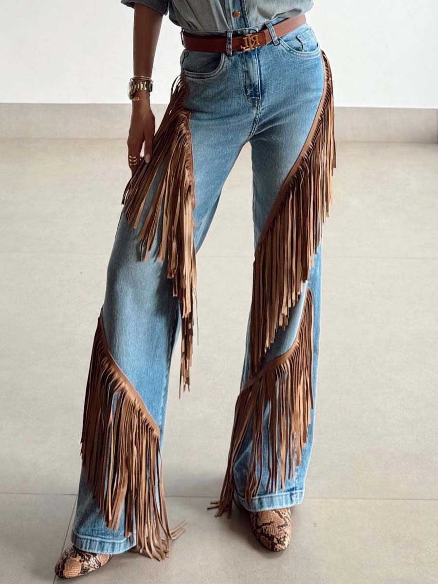 Western Fringe Wide Leg Denim Jeans