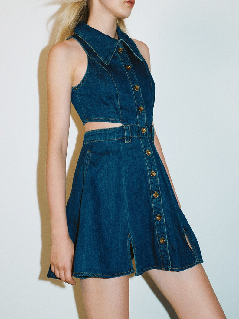 Cut-Out Sleeveless Denim Dress