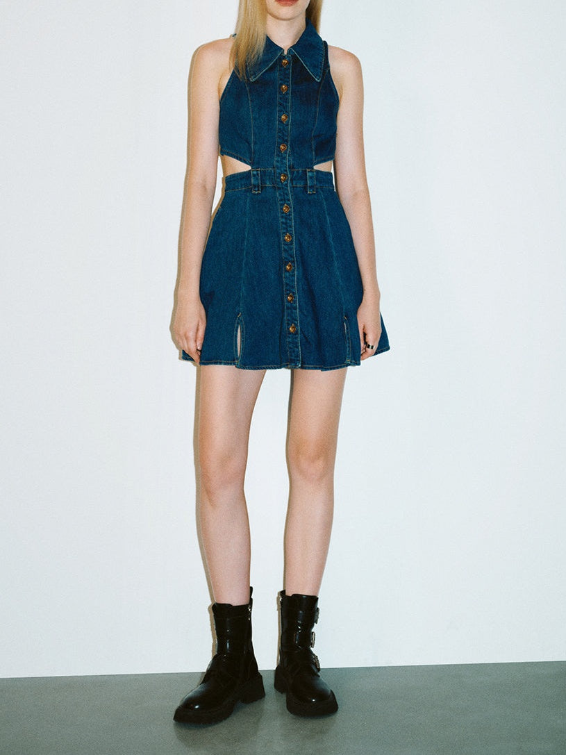 Cut-Out Sleeveless Denim Dress