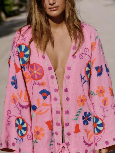PINK EMBROIDERED KAFTAN KIMONO JACKET