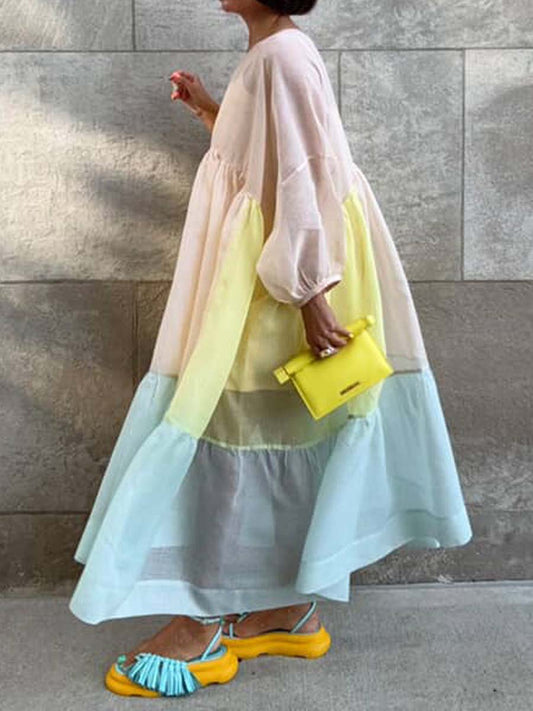 Loose Color Block See-through Dress
