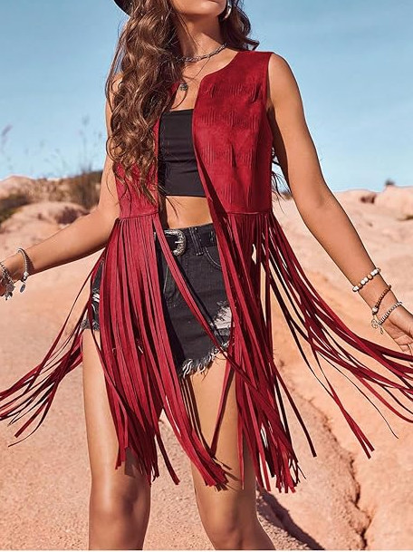 Hippie Faux Suede Trim Western Cowgirl Tassel Jacket Cardigan.