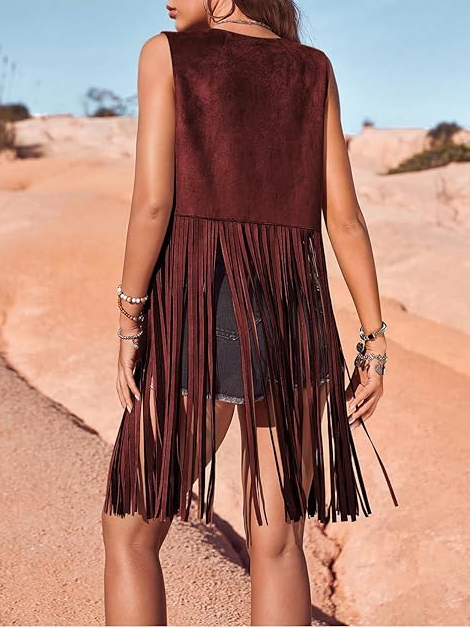 Hippie Faux Suede Trim Western Cowgirl Tassel Jacket Cardigan.