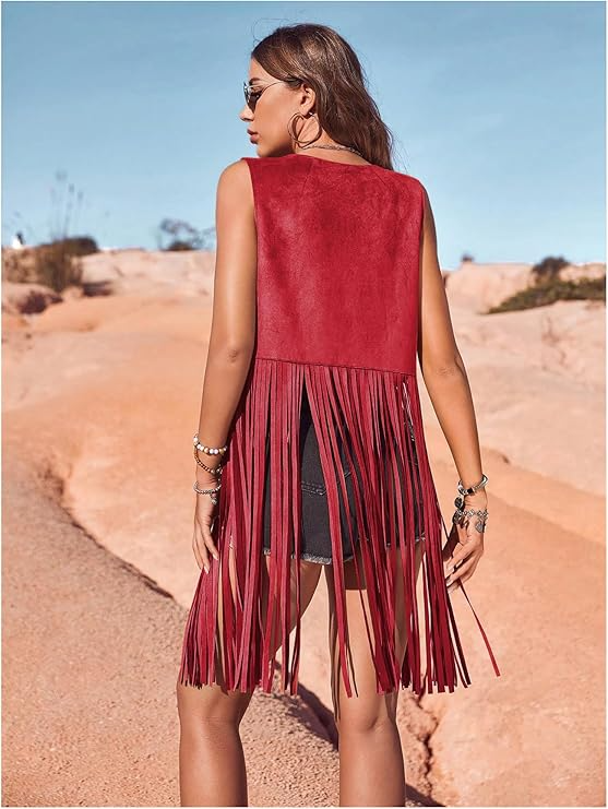 Hippie Faux Suede Trim Western Cowgirl Tassel Jacket Cardigan.