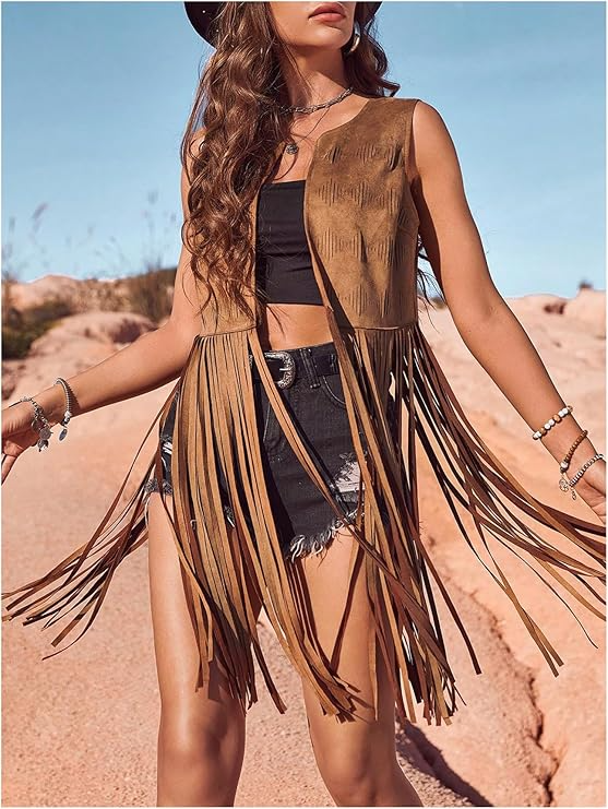 Hippie Faux Suede Trim Western Cowgirl Tassel Jacket Cardigan.