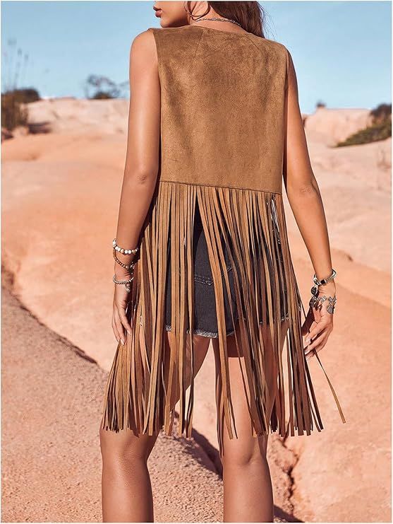 Hippie Faux Suede Trim Western Cowgirl Tassel Jacket Cardigan.