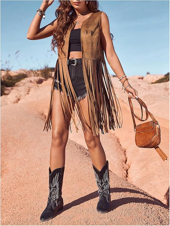 Hippie Faux Suede Trim Western Cowgirl Tassel Jacket Cardigan.