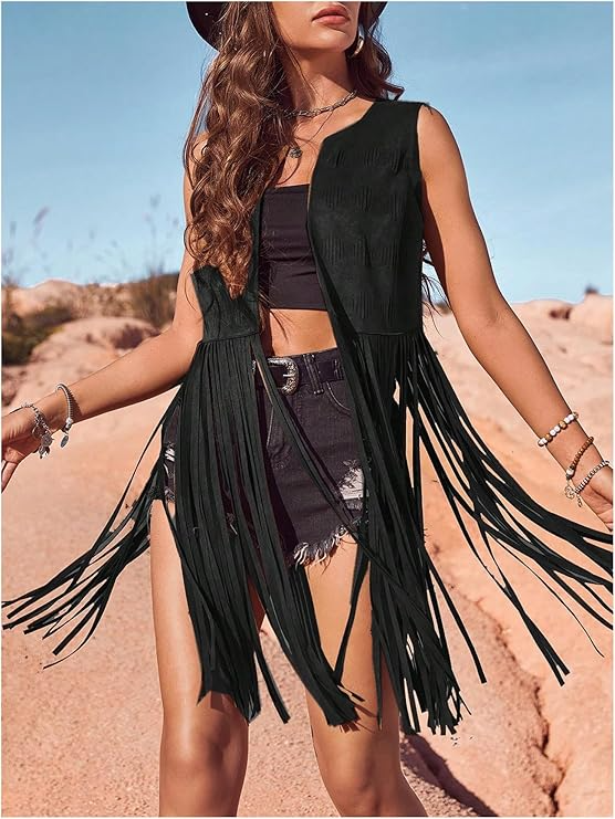 Hippie Faux Suede Trim Western Cowgirl Tassel Jacket Cardigan.
