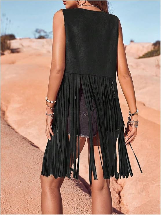 Hippie Faux Suede Trim Western Cowgirl Tassel Jacket Cardigan.