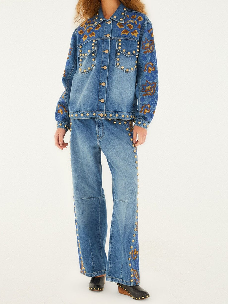 Studs Metal Denim Embroidered Suit