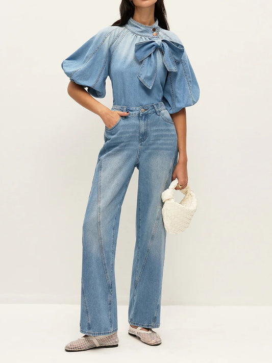 Denim Puff-Sleeve Top With Bow Detail