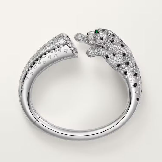 White Gold Plated Crystals Black Enamel Leopard Bracelet